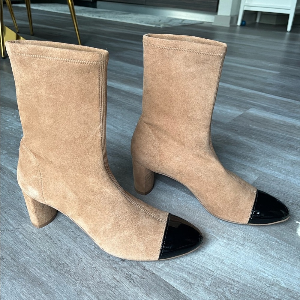 Stuart Weitzman Fernanda suede cap toe sock boot in camel